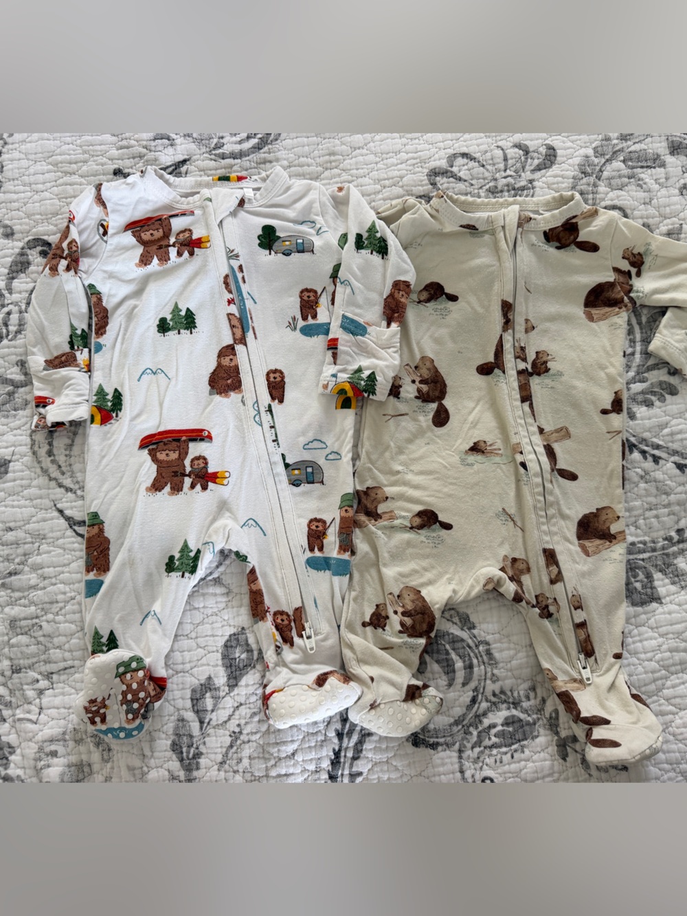 2 Angel Dear Newborn Footie Zip Pajamas: Sasquatch 🫈 & Beaver 🦫 prints: EUC